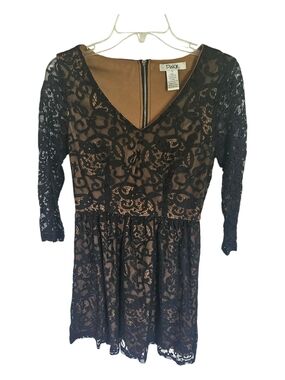 Pinky Black Lace Overlay Brown Lined Long Sleeve Dress